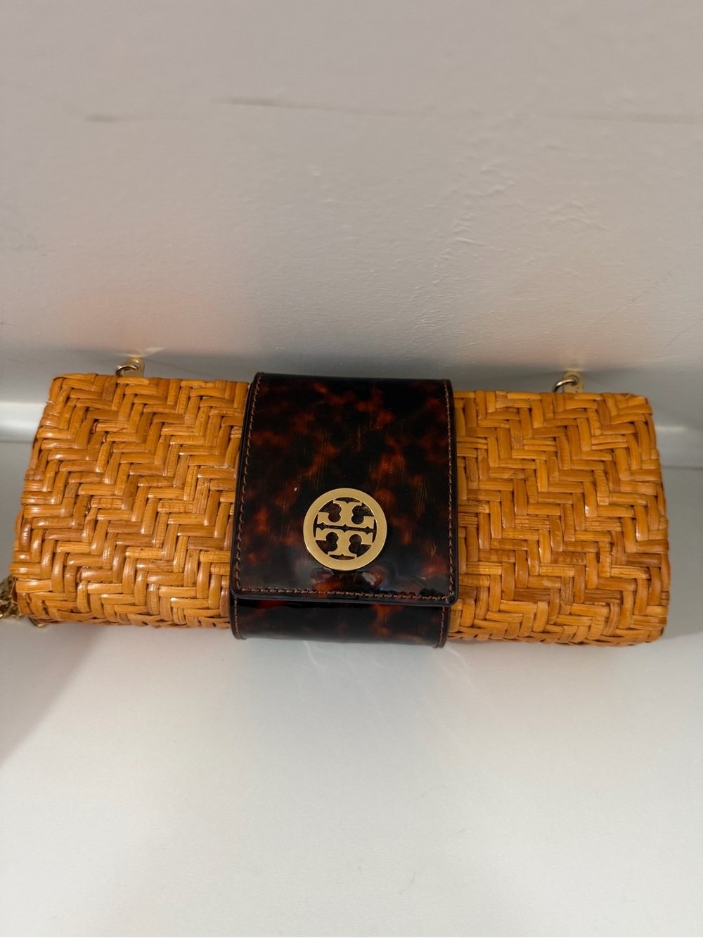 Tory Burch Woven Straw Clutch with Tortoiseshell Accent - Tan